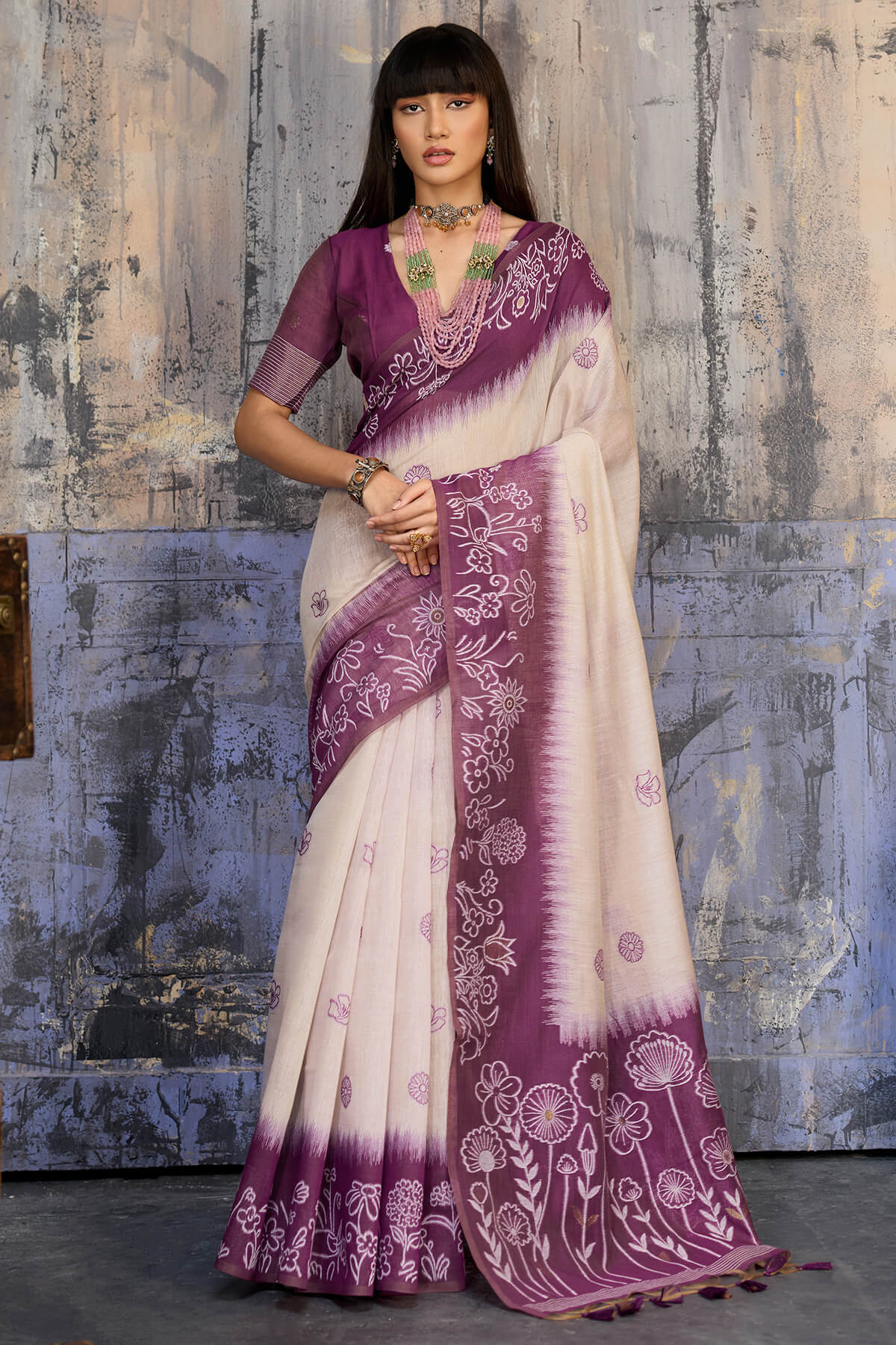 Fragrant Beige and Purple Pure Munga Cotton Saree With Surpassing Blouse Piece