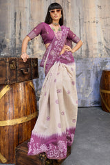 Fragrant Beige and Purple Pure Munga Cotton Saree With Surpassing Blouse Piece
