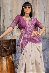 Fragrant Beige and Purple Pure Munga Cotton Saree With Surpassing Blouse Piece