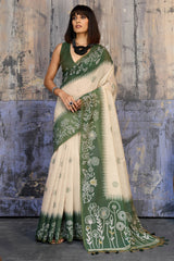 Effulgent Beige and Green Pure Munga Cotton Saree With Amiable Blouse Piece