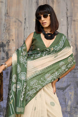 Effulgent Beige and Green Pure Munga Cotton Saree With Amiable Blouse Piece