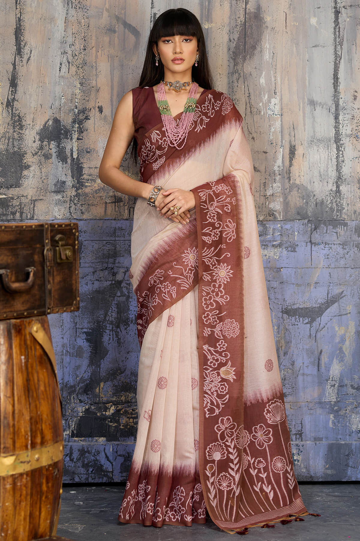 Classy Beige and Brown Pure Munga Cotton Saree With Demure Blouse Piece