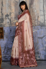 Classy Beige and Brown Pure Munga Cotton Saree With Demure Blouse Piece