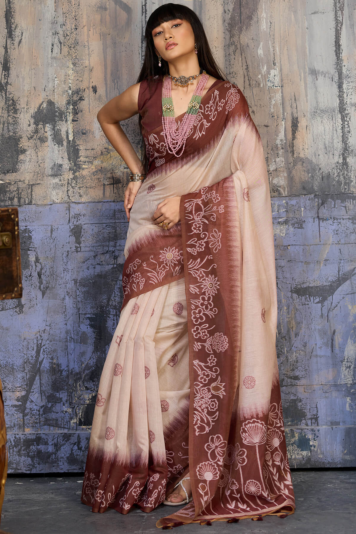 Classy Beige and Brown Pure Munga Cotton Saree With Demure Blouse Piece