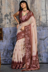 Classy Beige and Brown Pure Munga Cotton Saree With Demure Blouse Piece