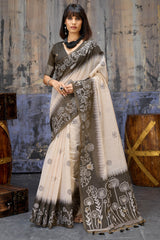 Wonderful Beige and Black Pure Munga Cotton Saree With Devastating Blouse Piece