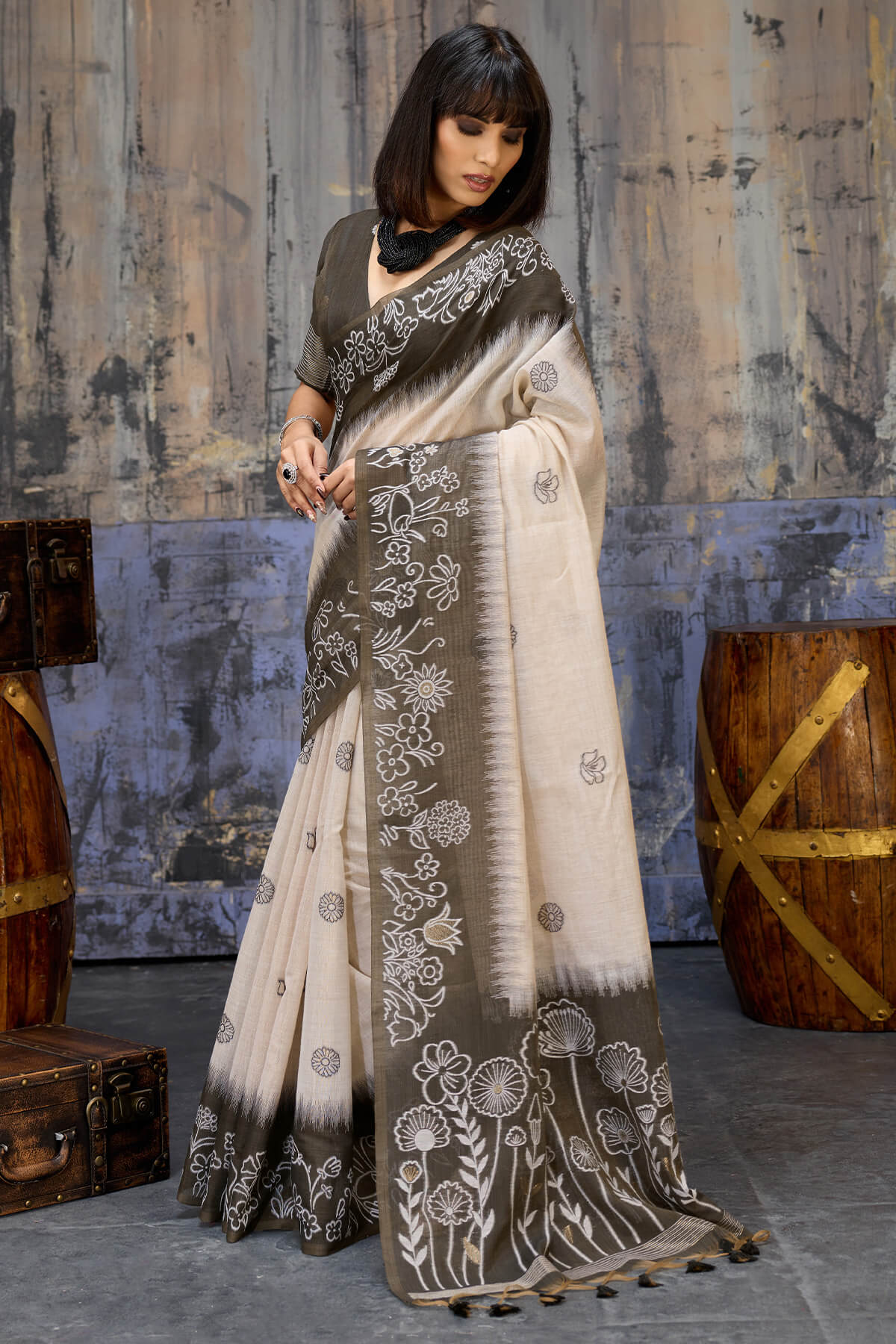 Wonderful Beige and Black Pure Munga Cotton Saree With Devastating Blouse Piece