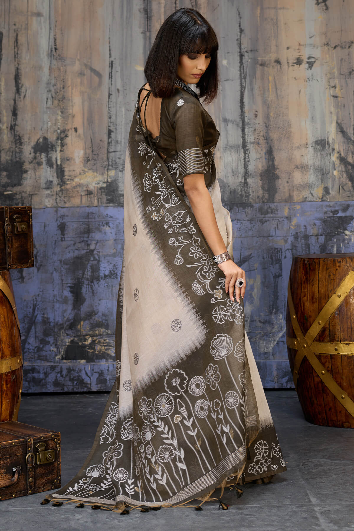 Wonderful Beige and Black Pure Munga Cotton Saree With Devastating Blouse Piece