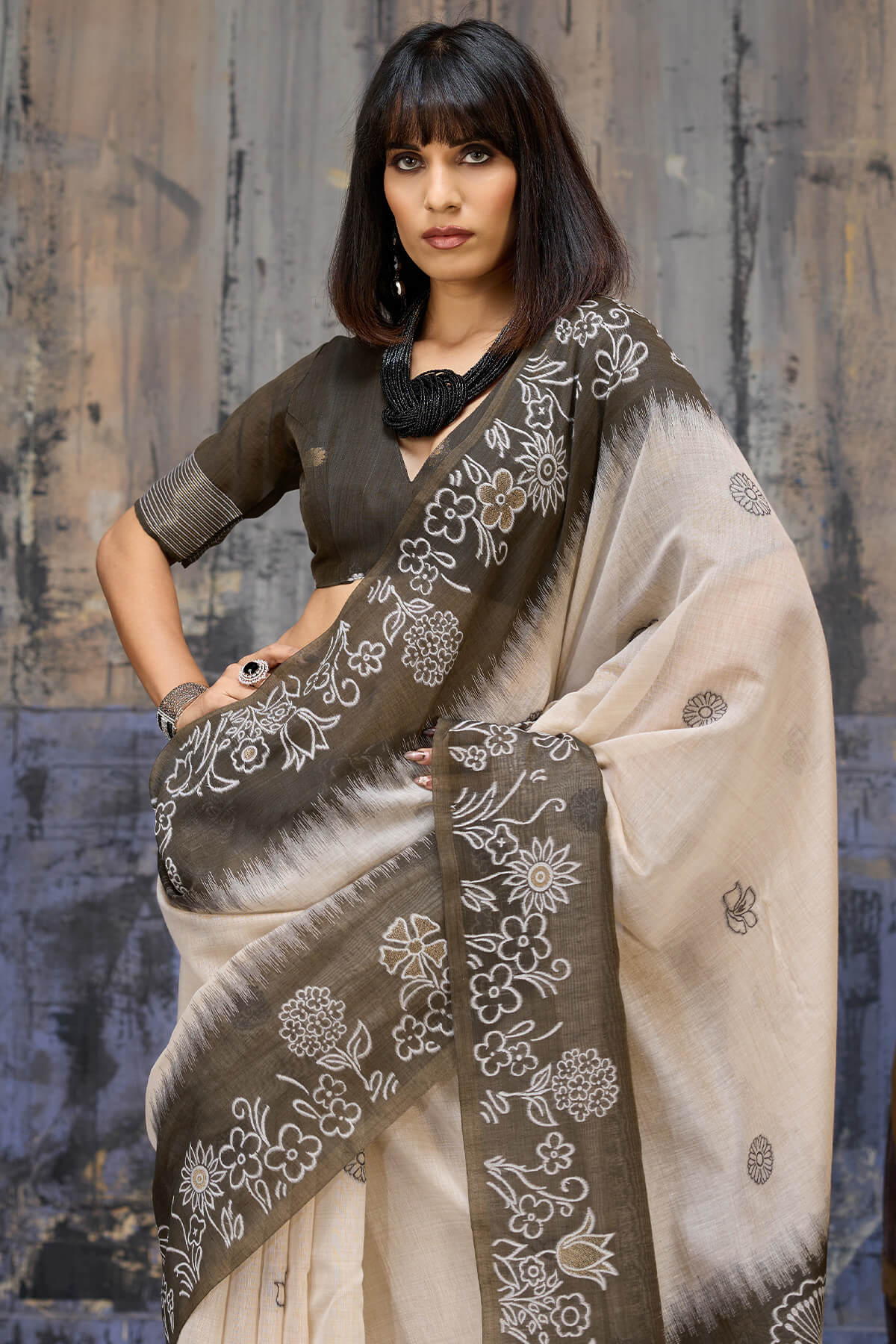 Wonderful Beige and Black Pure Munga Cotton Saree With Devastating Blouse Piece