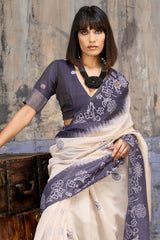 Capricious Beige and Grey Pure Munga Cotton Saree With Beguiling Blouse Piece