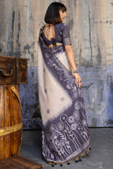 Capricious Beige and Grey Pure Munga Cotton Saree With Beguiling Blouse Piece