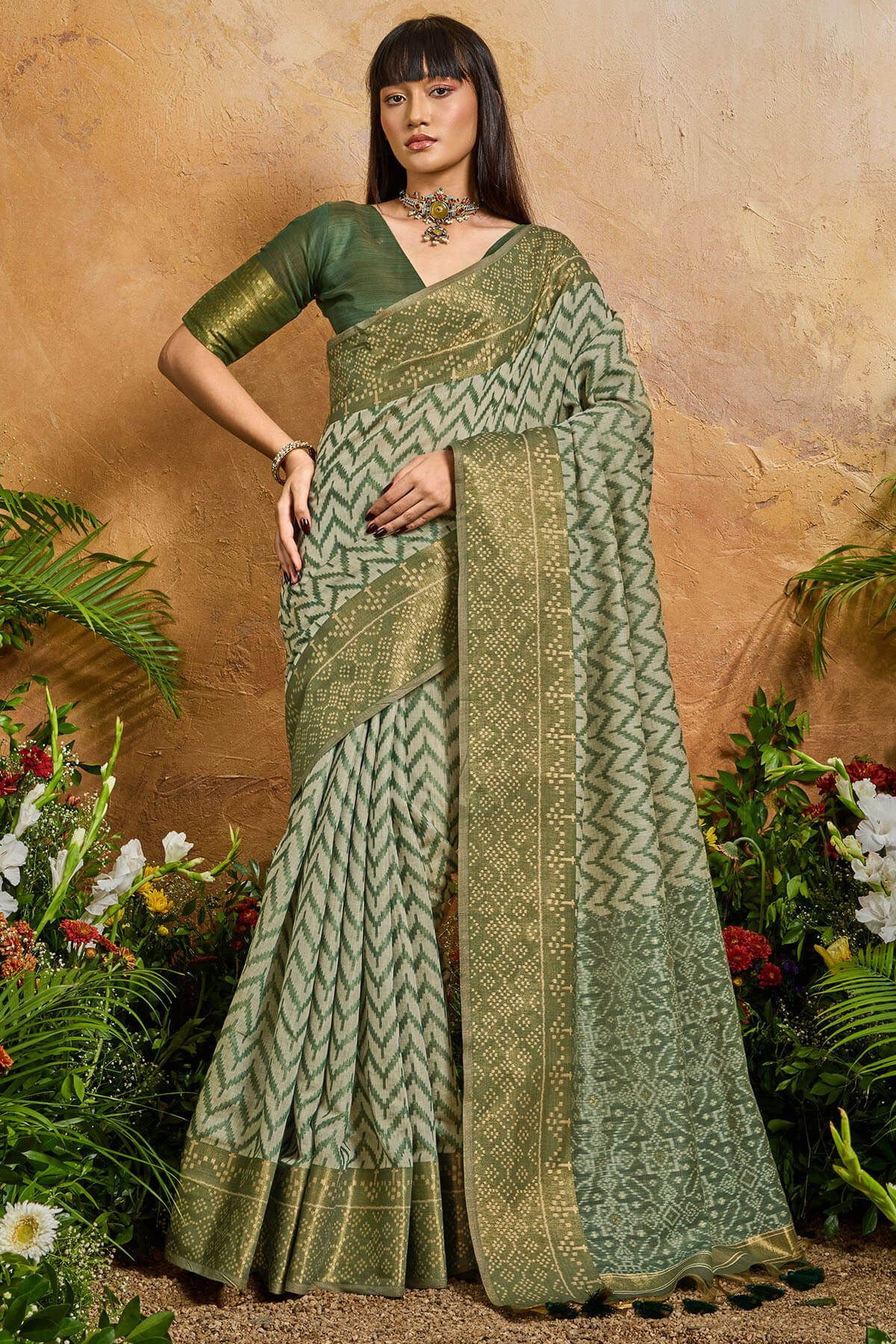 Invaluable Green Viscose Cotton Patola Silk Saree With Petrichor Blouse Piece
