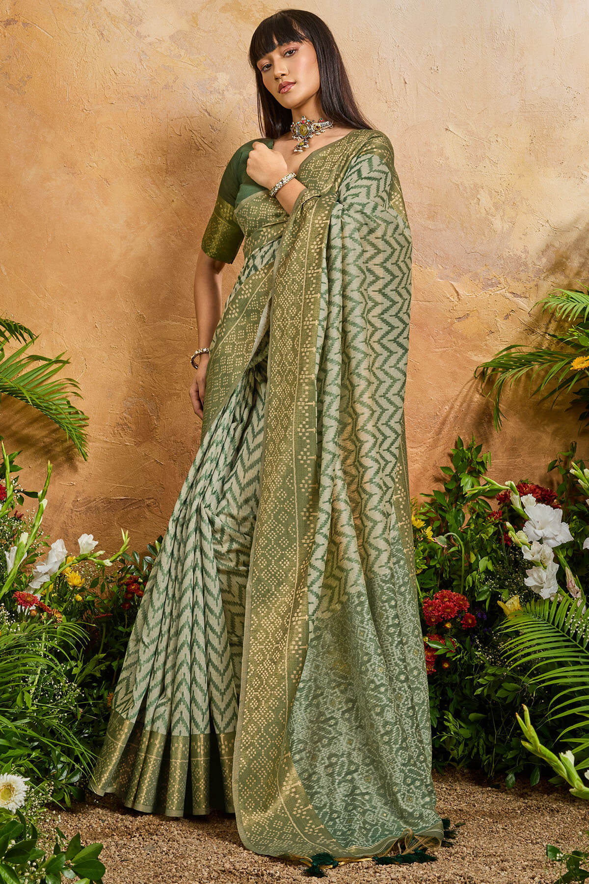 Invaluable Green Viscose Cotton Patola Silk Saree With Petrichor Blouse Piece