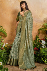Invaluable Green Viscose Cotton Patola Silk Saree With Petrichor Blouse Piece