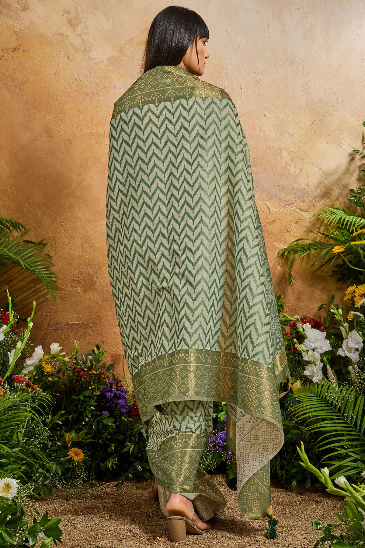 Invaluable Green Viscose Cotton Patola Silk Saree With Petrichor Blouse Piece