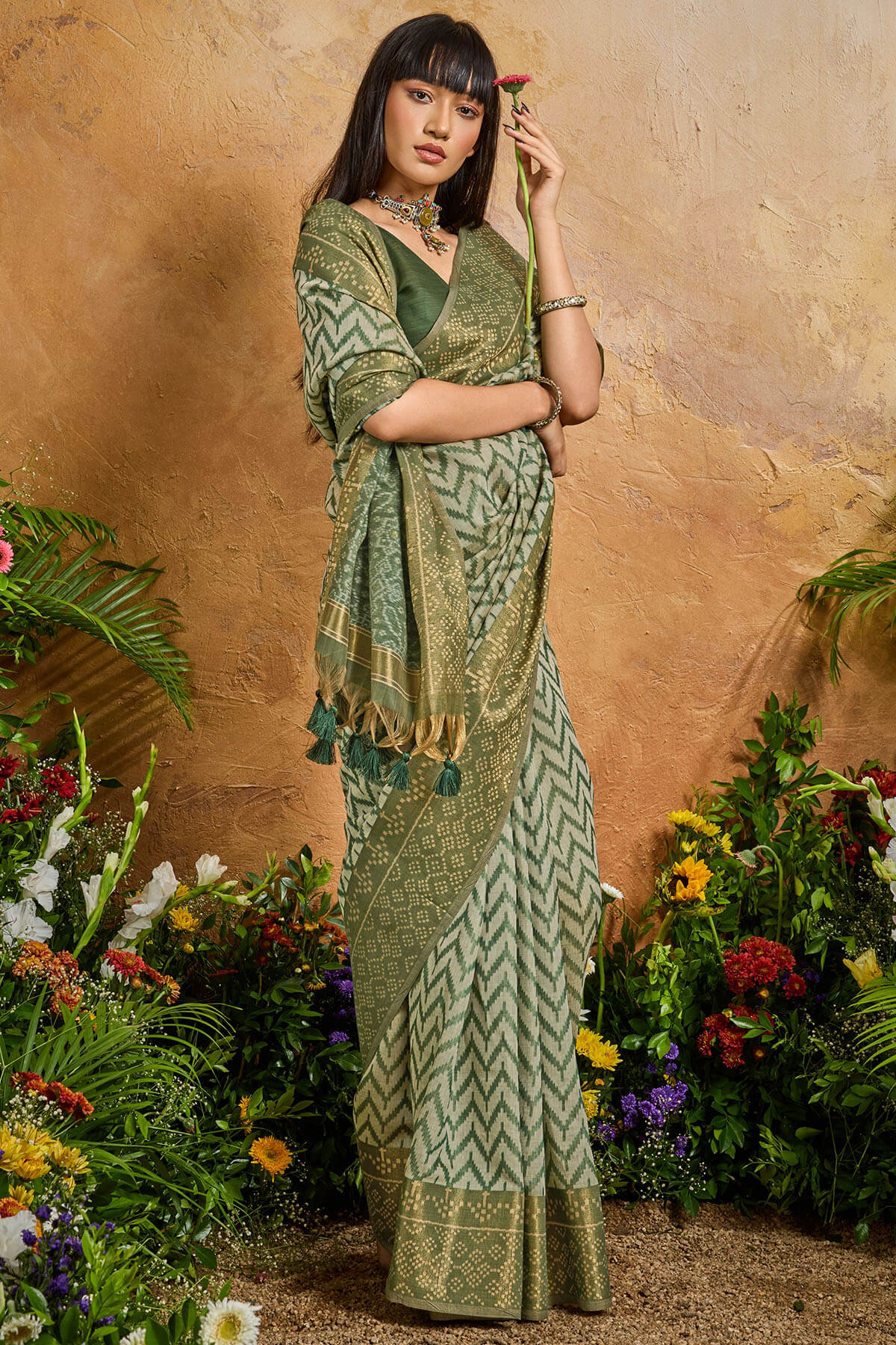 Invaluable Green Viscose Cotton Patola Silk Saree With Petrichor Blouse Piece