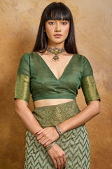 Invaluable Green Viscose Cotton Patola Silk Saree With Petrichor Blouse Piece