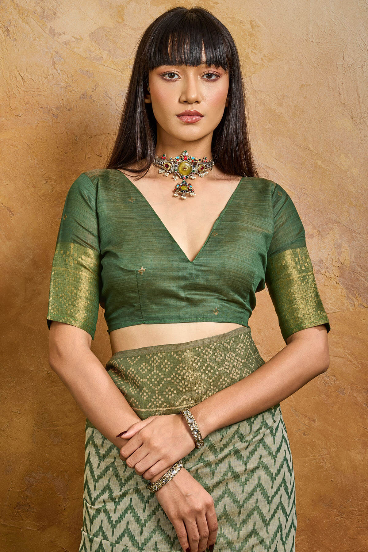 Invaluable Green Viscose Cotton Patola Silk Saree With Petrichor Blouse Piece