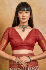 Staring Maroon Viscose Cotton Patola Silk Saree With Enticing Blouse Piece