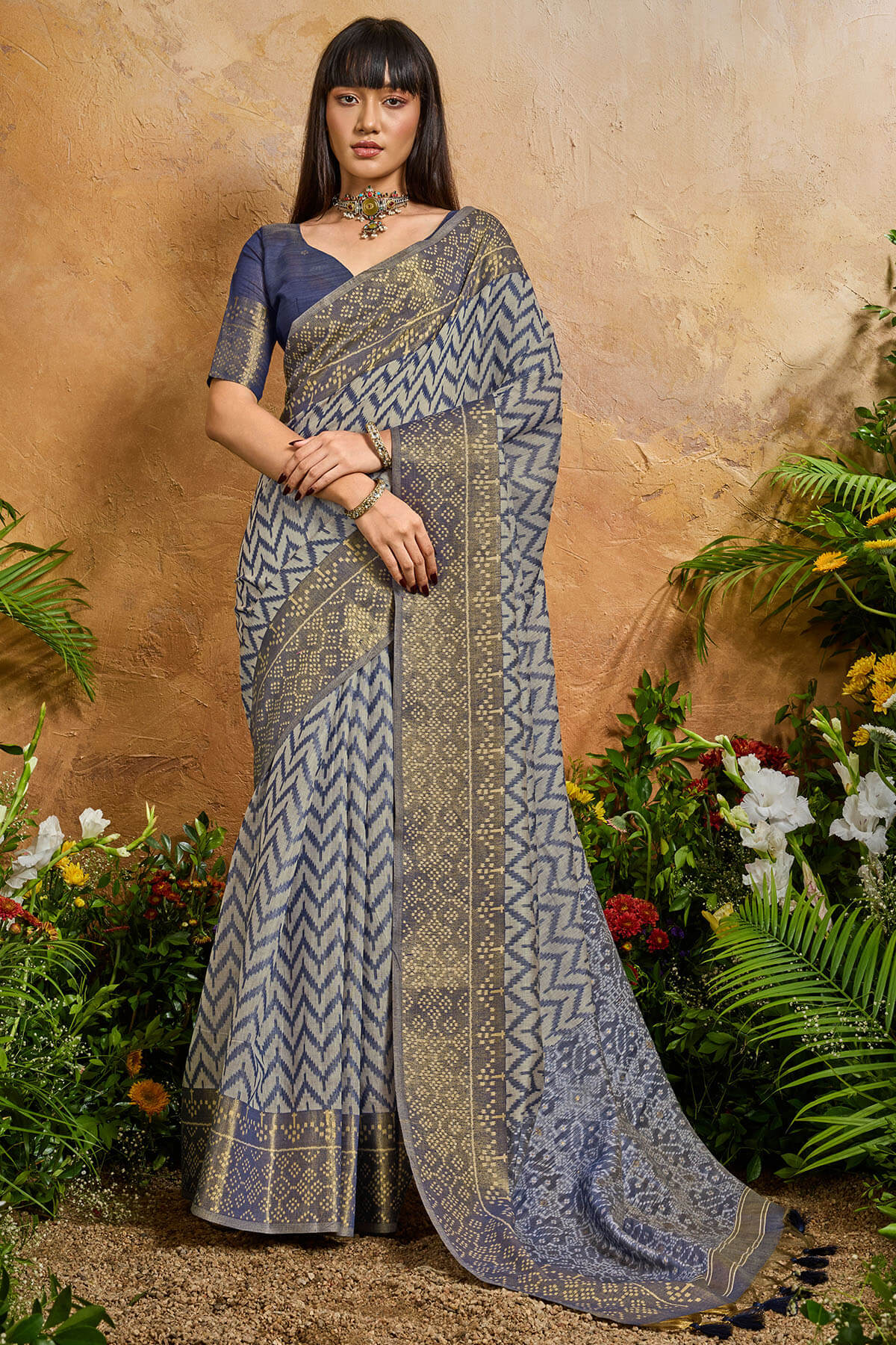 Beguiling Blue Viscose Cotton Patola Silk Saree With Splendorous Blouse Piece