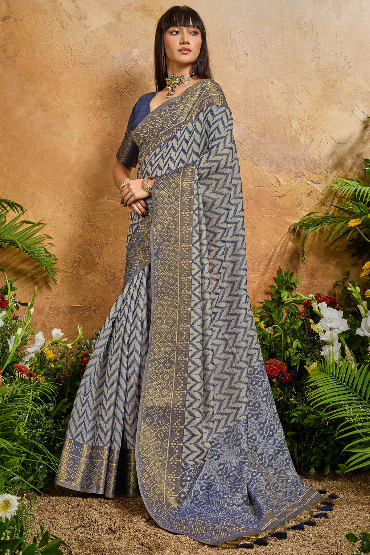 Beguiling Blue Viscose Cotton Patola Silk Saree With Splendorous Blouse Piece
