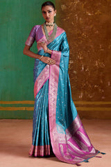 Posh Firozi Banarasi Satin Silk Saree With Resplendent Blouse