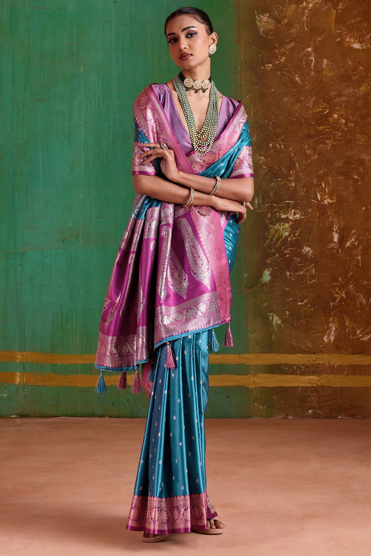 Posh Firozi Banarasi Satin Silk Saree With Resplendent Blouse