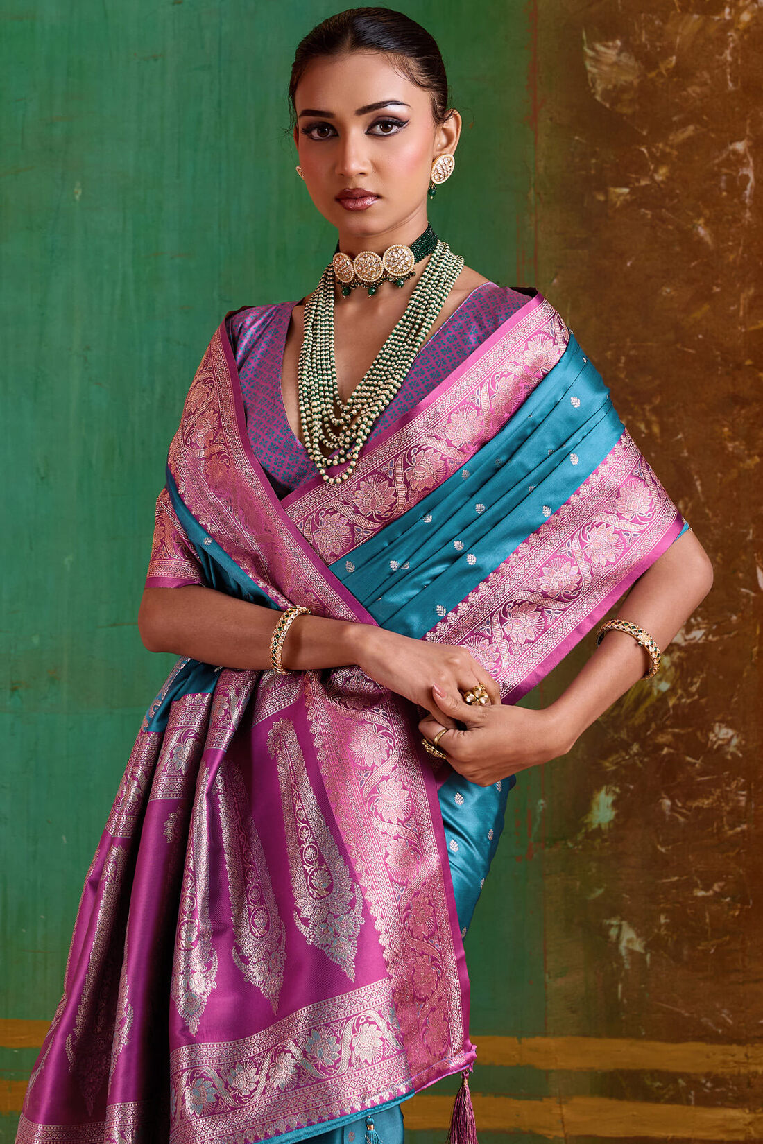 Posh Firozi Banarasi Satin Silk Saree With Resplendent Blouse