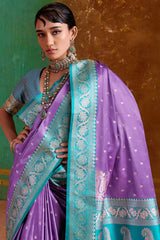 Elision Lavender Banarasi Satin Silk Saree With Smashing Blouse