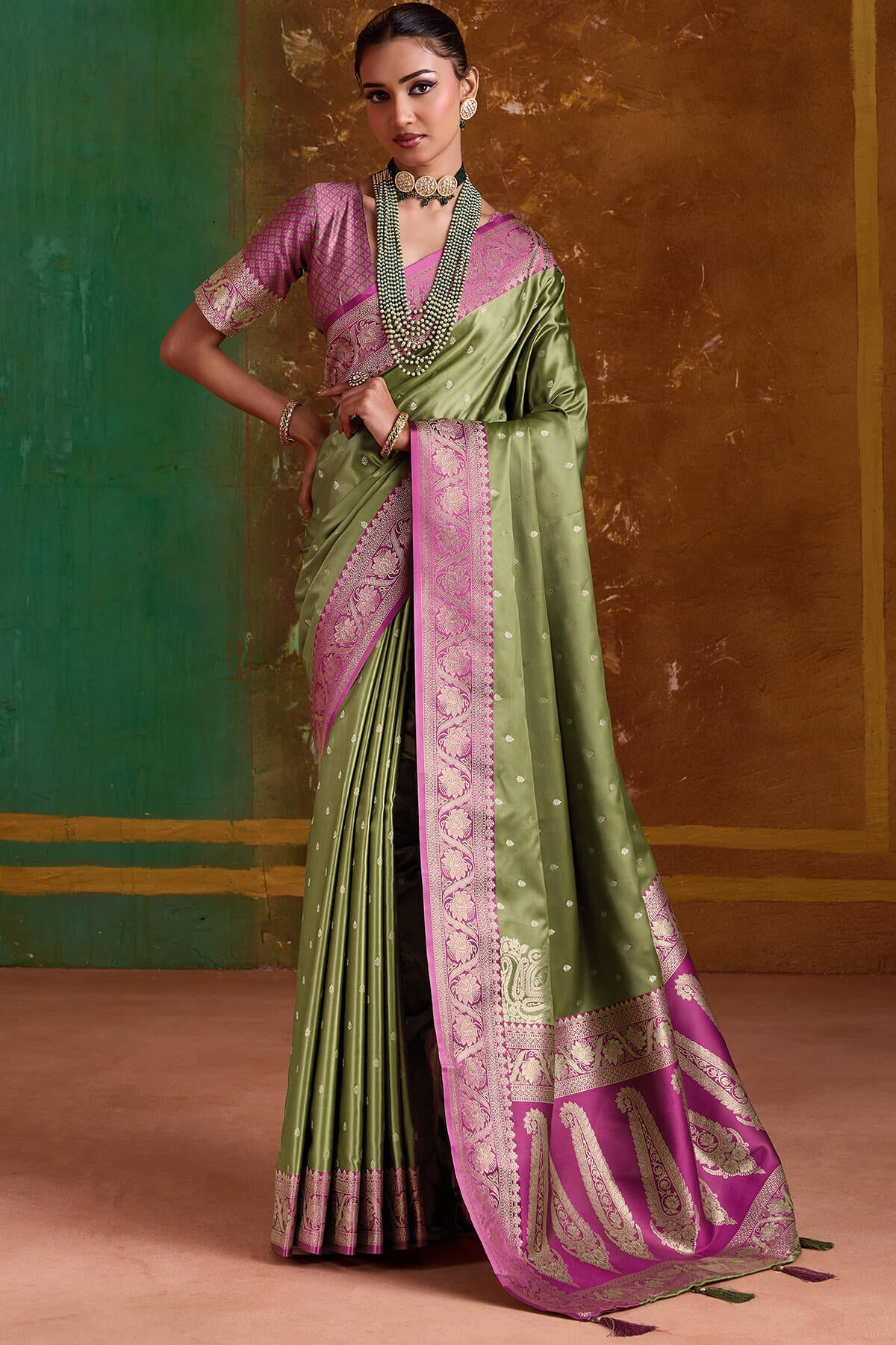 Dalliance Green Banarasi Satin Silk Saree With Gossamer Blouse