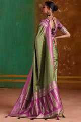 Dalliance Green Banarasi Satin Silk Saree With Gossamer Blouse