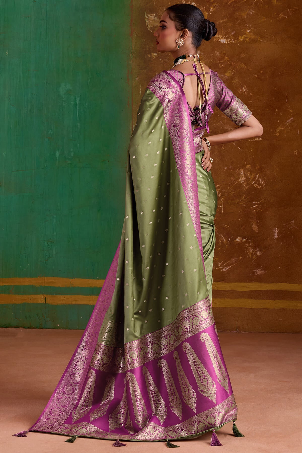 Dalliance Green Banarasi Satin Silk Saree With Gossamer Blouse