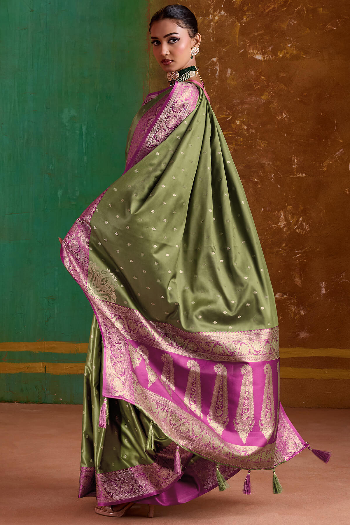 Dalliance Green Banarasi Satin Silk Saree With Gossamer Blouse