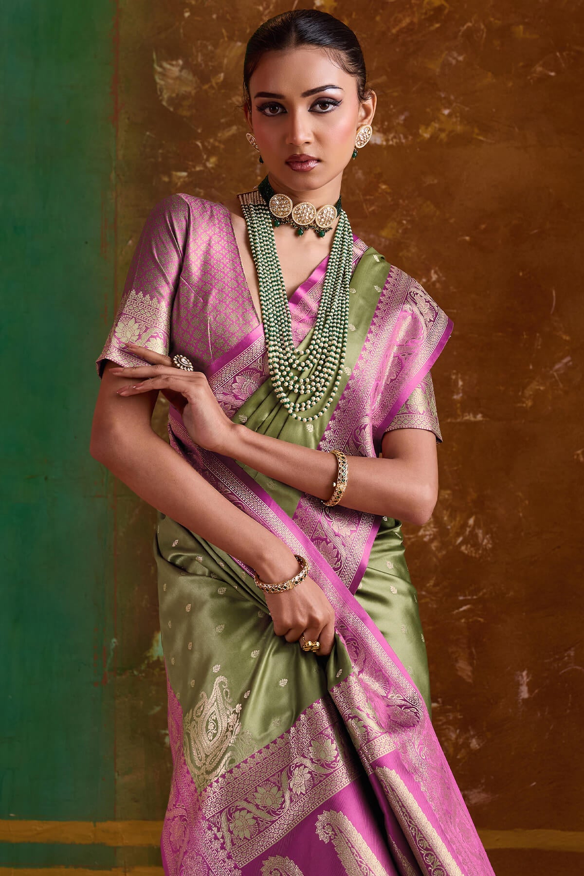 Dalliance Green Banarasi Satin Silk Saree With Gossamer Blouse