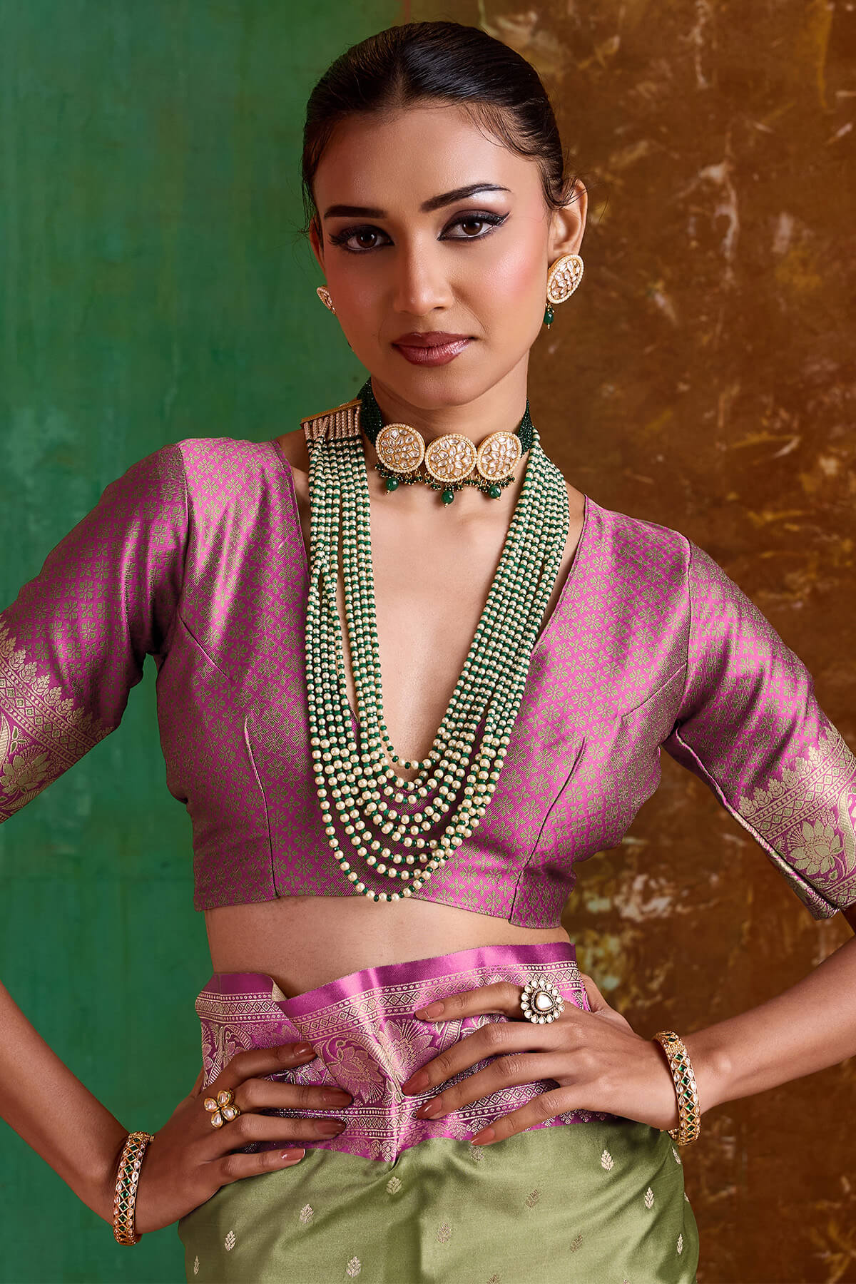 Dalliance Green Banarasi Satin Silk Saree With Gossamer Blouse