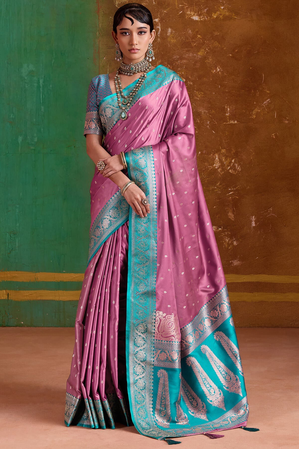 Quixotic Pink Banarasi Satin Silk Saree With Exuberant Blouse