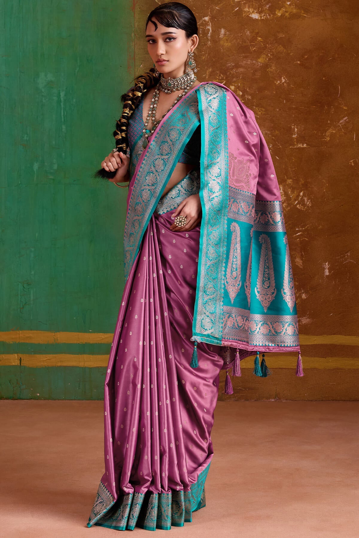 Quixotic Pink Banarasi Satin Silk Saree With Exuberant Blouse