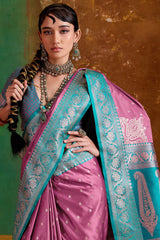 Quixotic Pink Banarasi Satin Silk Saree With Exuberant Blouse