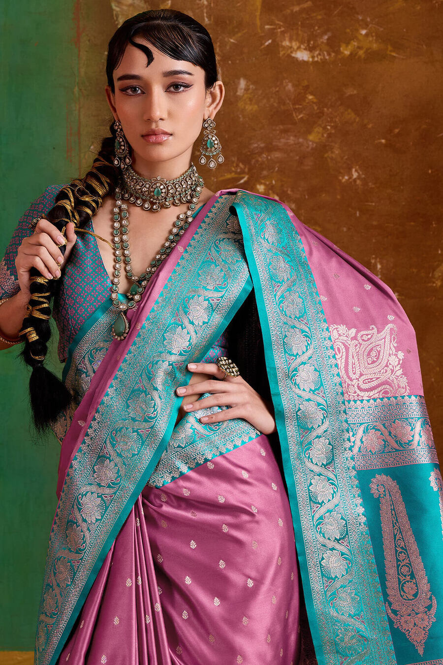 Quixotic Pink Banarasi Satin Silk Saree With Exuberant Blouse