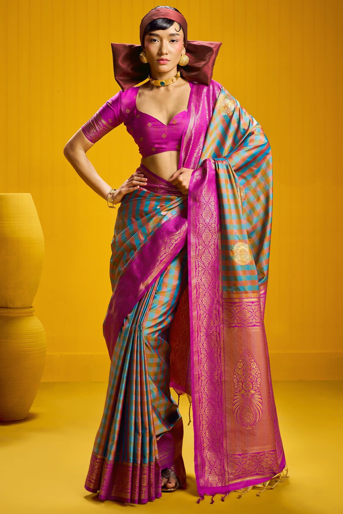 Sensational Blue Two Tone Chex Banarasi Silk Saree With Snazzy Blouse Piece