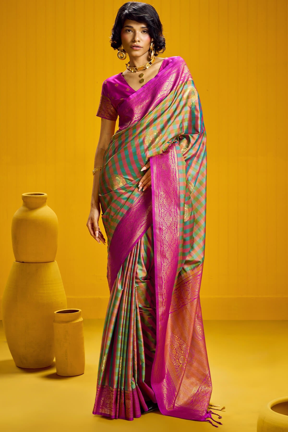 Lovely Green Two Tone Chex Banarasi Silk Saree With Pretty Blouse Piece