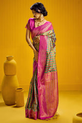 Lovely Green Two Tone Chex Banarasi Silk Saree With Pretty Blouse Piece