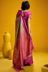 Lovely Green Two Tone Chex Banarasi Silk Saree With Pretty Blouse Piece