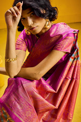Lovely Green Two Tone Chex Banarasi Silk Saree With Pretty Blouse Piece