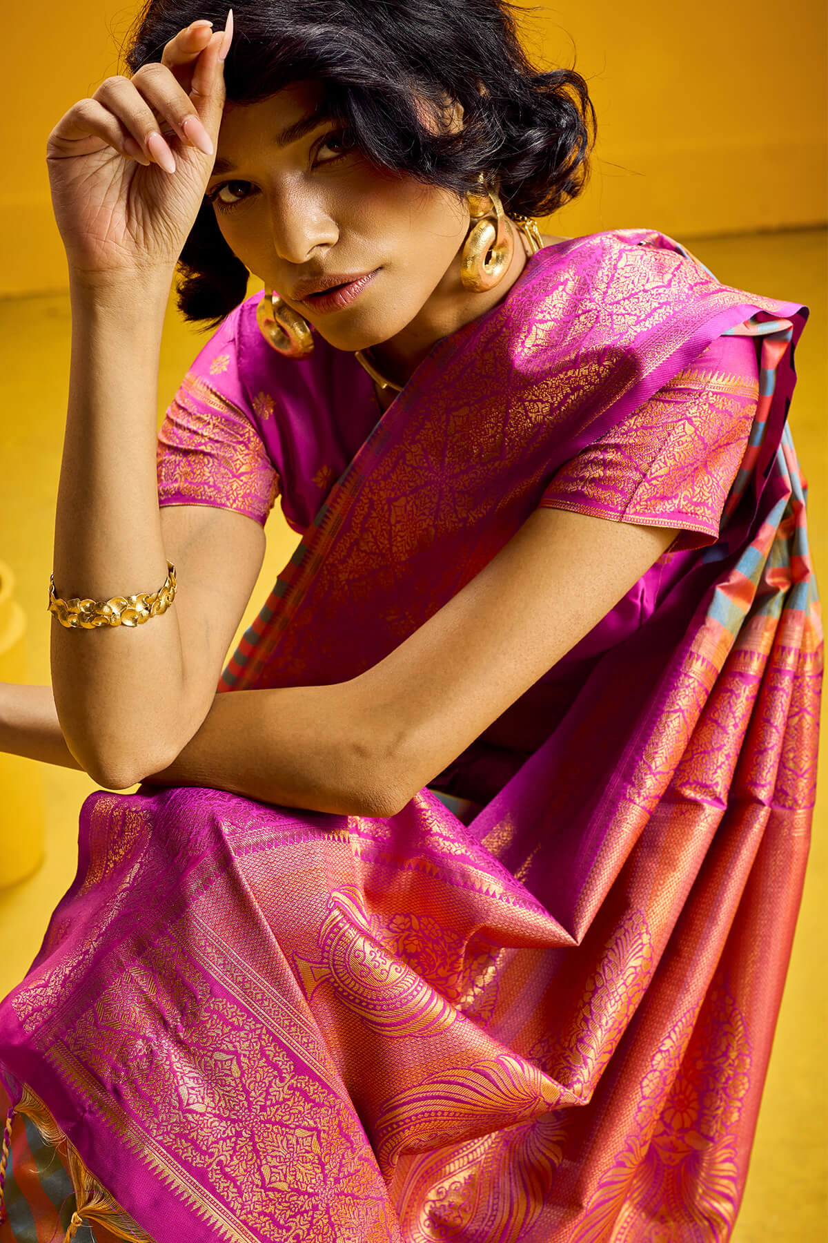 Lovely Green Two Tone Chex Banarasi Silk Saree With Pretty Blouse Piece