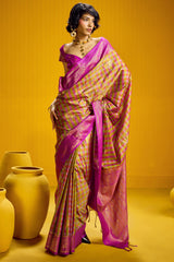 Delectable Yellow Two Tone Chex Banarasi Silk Saree With Hypnotic Blouse Piece