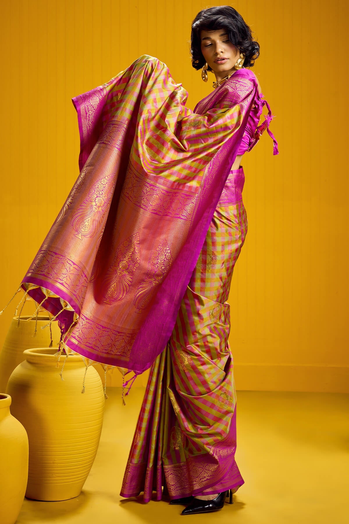 Delectable Yellow Two Tone Chex Banarasi Silk Saree With Hypnotic Blouse Piece