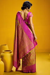 Delectable Yellow Two Tone Chex Banarasi Silk Saree With Hypnotic Blouse Piece