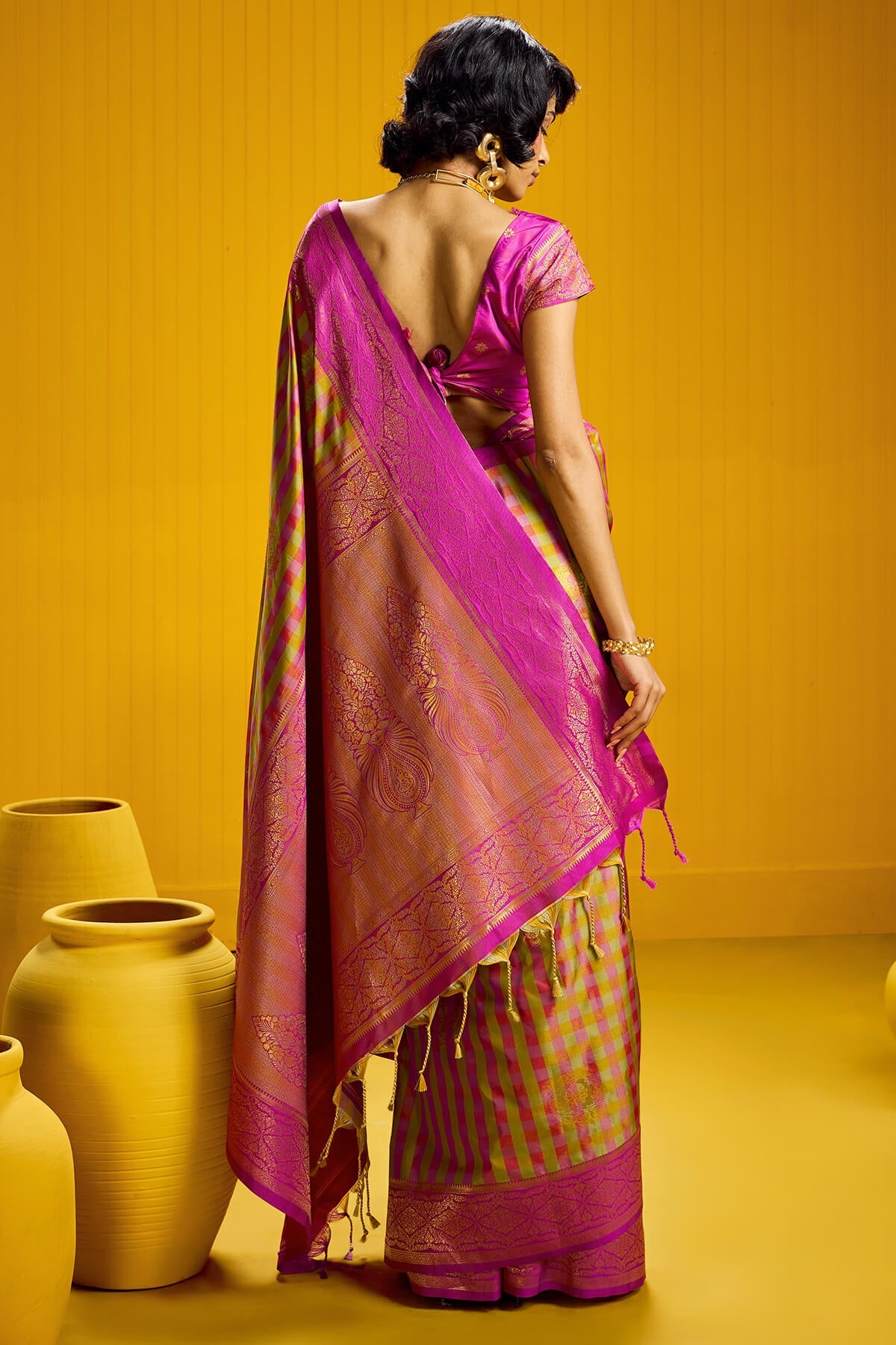 Delectable Yellow Two Tone Chex Banarasi Silk Saree With Hypnotic Blouse Piece