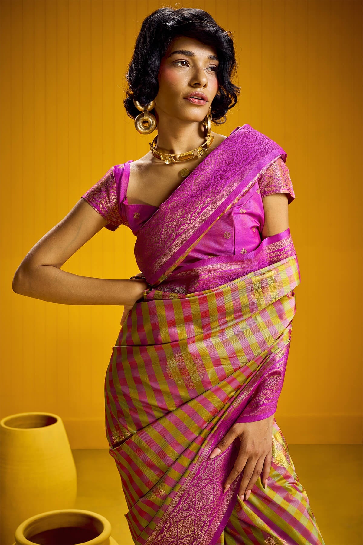 Delectable Yellow Two Tone Chex Banarasi Silk Saree With Hypnotic Blouse Piece